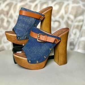 Never worn “dark jean” wooden buckle clog